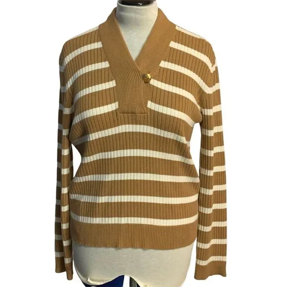 Lauren Ralph Lauren Sweater Womens Size XL Striped Brown White Button Accent - Picture 12 of 12